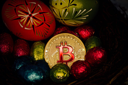 Digital currency physical metal bitcoin coin. Cryptocurrency easter concept.