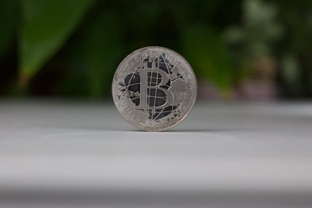 Digital currency physical metal bitcoin coin. Cryptocurrency concept.の写真素材