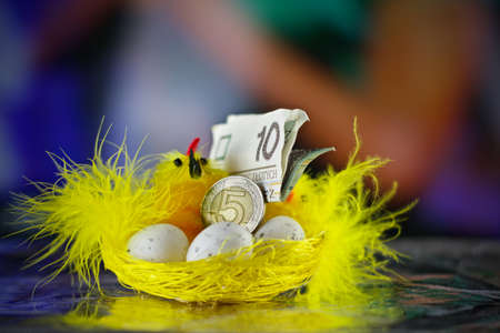 Happy Easter. Yellow chicken and polish money coin and paper.の写真素材