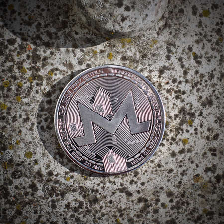 Digital currency physical metal silver monero coin. Cryptocurrency flower concept.の写真素材