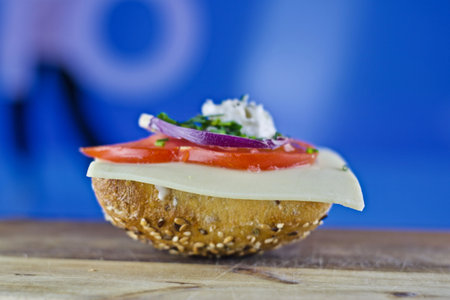 Fresh and delicious sandwich with tomato, onion and mayo. Food concept.の写真素材