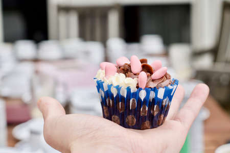 Tasty colour cupcake on hand. Sweet food concept.の写真素材