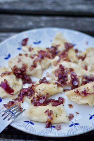 Delicious and fresh dumplings. Tasty lunch concept. Polish food.の写真素材