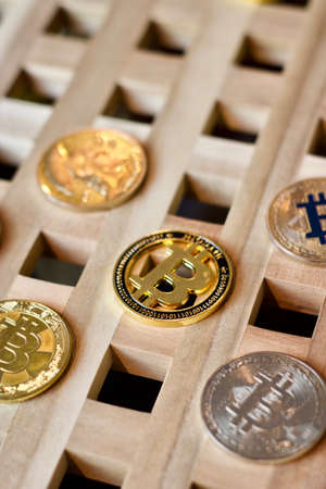Digital currency physical metal bitcoin coin. Cryptocurrency business concept.の写真素材