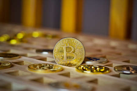 Digital currency physical metal bitcoin coin. Cryptocurrency business concept.の写真素材
