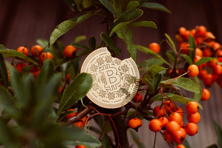 Cryptocurrency physical metal bitcoin coin on green tree with a orange fruits. Outdoor bitcoin...