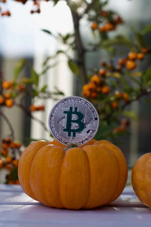 Digital currency physical metal bitcoin coin. Halloween cryptocurrency concept.の写真素材
