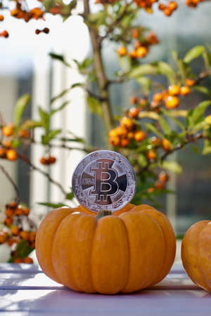 Digital currency physical metal bitcoin coin. Halloween cryptocurrency concept.の写真素材