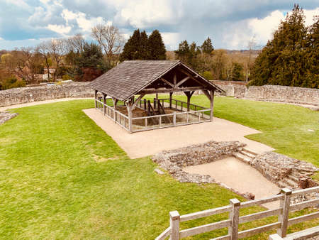 Old castle ruins in Farnham. England. United Kingdom. Castle & Garden. Panoramic.の写真素材