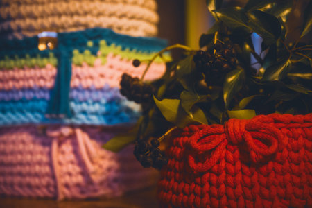 Beautiful wool handmade decoration. Knitting and crochet. Handmade crocheting crafts. DIY.