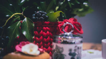 Beautiful wool handmade decoration. Knitting and crochet. Handmade crocheting crafts. DIY.の写真素材