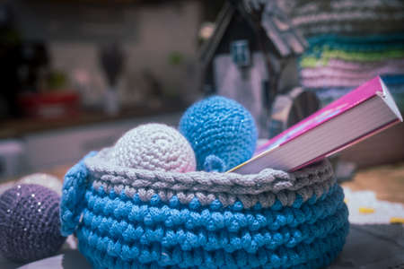 Beautiful wool handmade decoration. Knitting and crochet. Handmade crocheting crafts. DIY.の写真素材