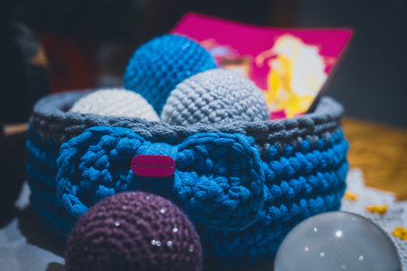 Beautiful wool handmade decoration. Knitting and crochet. Handmade crocheting crafts. DIY.の写真素材