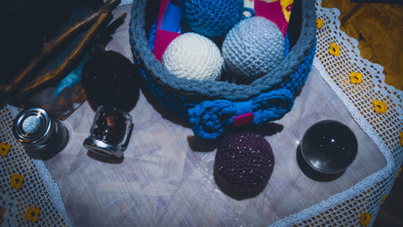 Beautiful wool handmade decoration. Knitting and crochet. Handmade crocheting crafts. DIY.