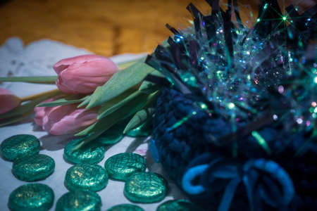 Beautiful wool handmade decoration. Knitting and crochet. Handmade crocheting crafts. DIY.の写真素材