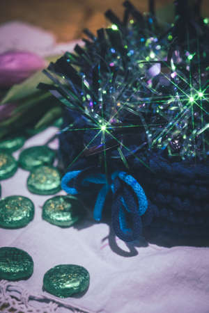 Beautiful wool handmade decoration. Knitting and crochet. Handmade crocheting crafts. DIY.の写真素材