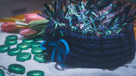 Beautiful wool handmade decoration. Knitting and crochet. Handmade crocheting crafts. DIY.の写真素材