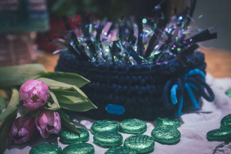 Beautiful wool handmade decoration. Knitting and crochet. Handmade crocheting crafts. DIY.の写真素材