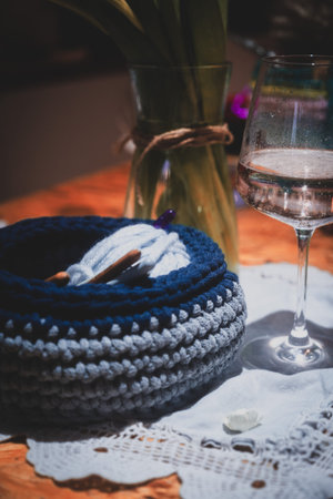 Beautiful wool handmade decoration. Knitting and crochet. Handmade crocheting crafts. DIY.