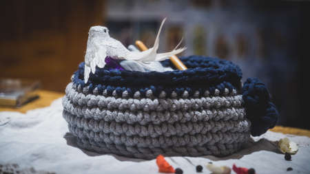 Beautiful wool handmade decoration. Knitting and crochet. Handmade crocheting crafts. DIY.の写真素材
