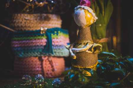 Beautiful wool handmade decoration. Knitting and crochet. Handmade crocheting crafts. DIY.の写真素材