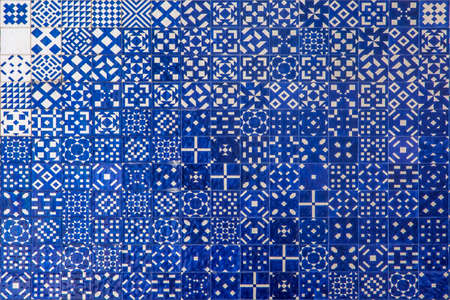 Blue mosaic azulejo texture in Lisbon. Geometrical shapes and patterns.の写真素材