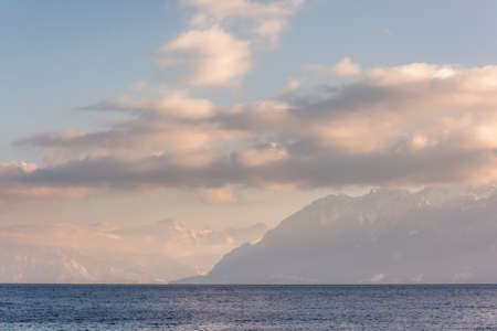 French Alps view from Lausanne Switzerland in the winterの写真素材