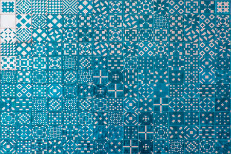 Blue mosaic azulejo texture in Lisbon. Geometrical shapes and patterns.の写真素材