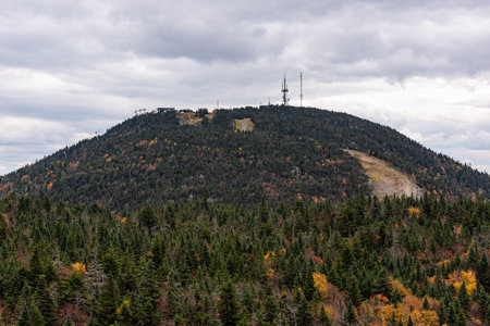The Orford Mount and one of his ski slope without snow at the autumn, Estrie, Quebec, Canada