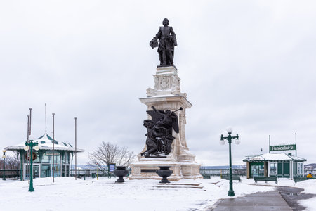 he Samuel Champlain monument under the snow in the Old Quebec city.のeditorial素材