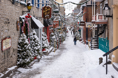 The Petit Champlain street under the snow in the Old Quebec city.のeditorial素材