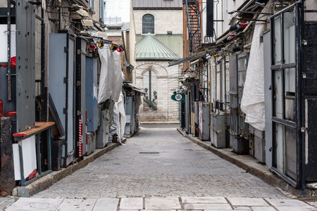 Quebec city, Quebec, Canada - 16 May 2020: Empty Du Tresor Street with all art business close in the...