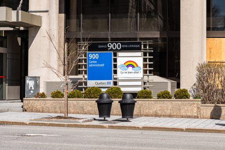 Quebec city, Quebec, Canada - May 18, 2020: Quebec administration building with rainbow and mention "Ã§a va bien aller" (it's going to be fine) for the Covid-19 pandemic.のeditorial素材