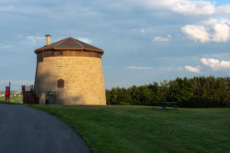 Quebec city, Quebec, Canada - June 28, 2021: At the sunset, the Martello tower 1, on the historic battlefield of the Abraham plains, in Quebec city.のeditorial素材