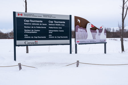 Saint-Joachim, Quebec, Canada â January 29, 2022: Entrance sign of the Cap Tourmente National Wildlife Area situated on the Beaupre coast at Saint-Joachim (Quebec, Canada)のeditorial素材