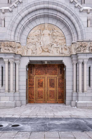 Sainte-Anne-de-BeauprÃ©, Quebec, Canada â January 29, 2022: The doors of the Sainte-Anne-de-BeauprÃ© Basilica dedicated to St Anne (Quebec, Canada)のeditorial素材
