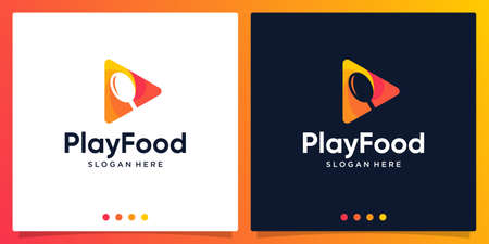 Food spoon fork logo with Music Video Logo Design Inspiration or Play Button. Premium Vectorのイラスト素材