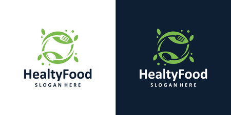 Healthy Food logo design with cutlery and leaf design graphic vector illustration. Symbol, icon, creative.のイラスト素材
