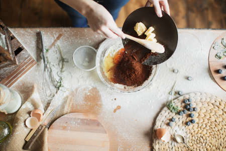 cooking cake on the table and baking cake ingredientsの写真素材