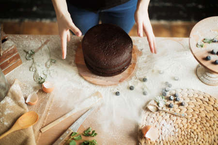 cooking cake on the table and baking cake ingredientsの写真素材