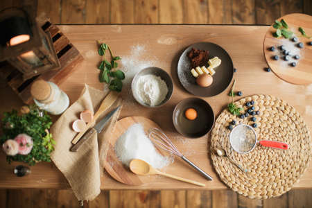cooking cake on the table and baking cake ingredientsの写真素材