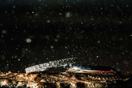 wedding rings on the table with beautiful lightの写真素材