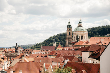 Top view to red tile roofs of Prague cityの写真素材