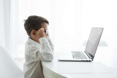 Cute little boy using laptop while doing homework against white backgroundの写真素材