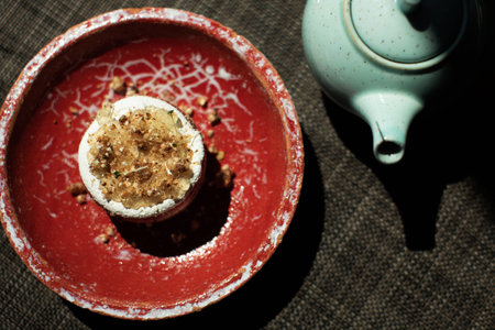 dessert on a red plate in the cafe