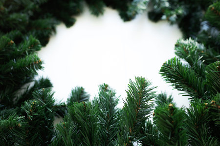 Christmas frame background with xmas tree and xmas decorations. Merry Christmas greeting card,...