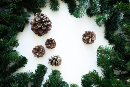 Christmas frame background with xmas tree and xmas decorations. Merry Christmas greeting card,...