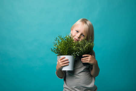 A little boy holding pots with a green plant. Children and nature. Preserve natureの写真素材