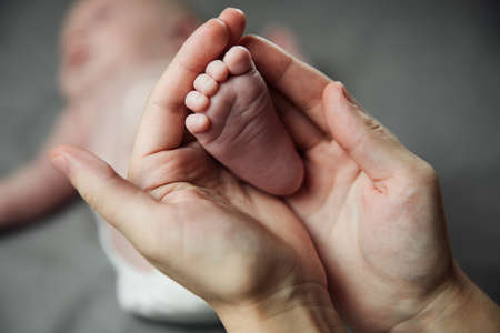 Mother holding newborn baby feet in handsの写真素材