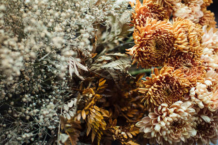 Beautiful autumn bouquet of mixed flowers with peonies. The work of the florist. Flower delivery. Decorの写真素材